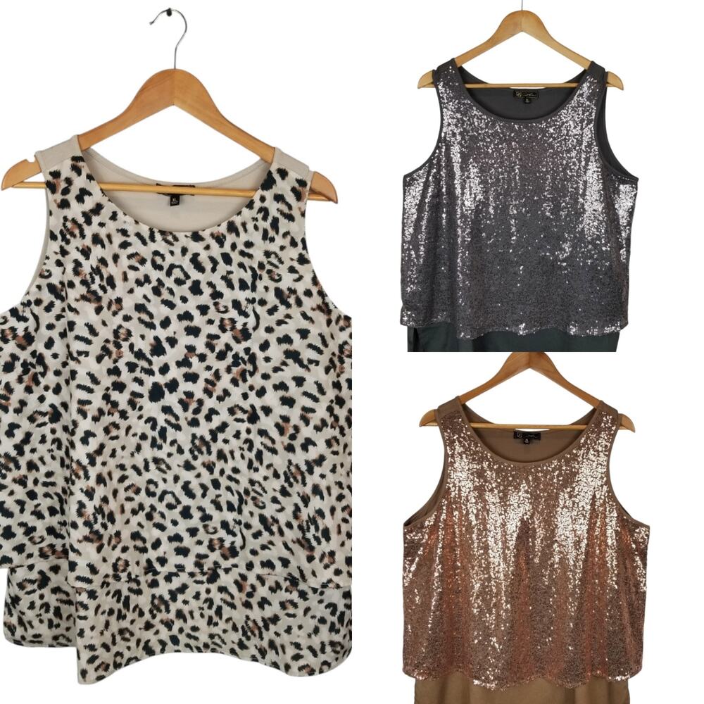 DG2 by Diane Gilman Lot of 3 Tank Tops Sleeveless Blouse Gold Gray Leopard XL